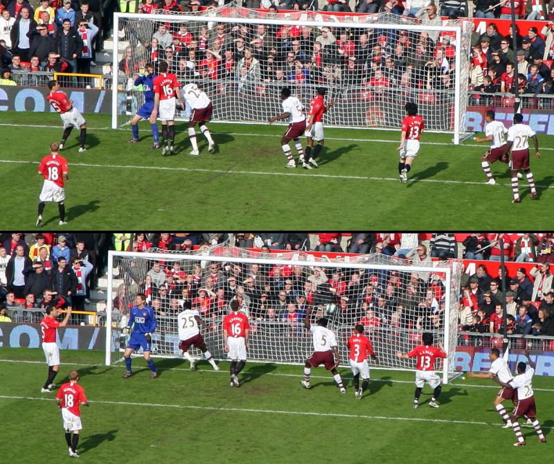 Adebayor får hovedet på bolden og "One - Nil to the Arsenal"
